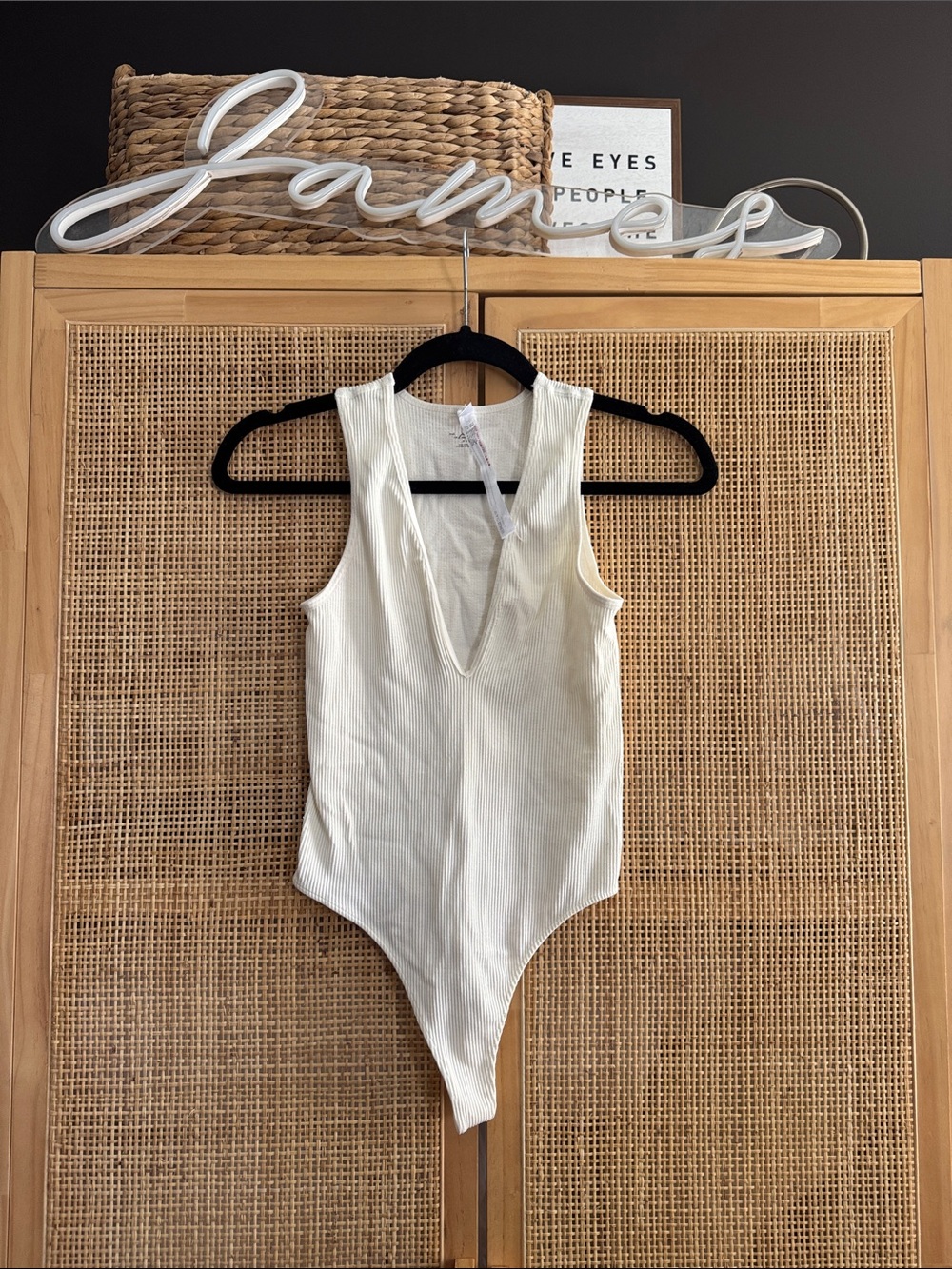 Urban Outfitters Cream Ribbed V-Neck Bodysuit